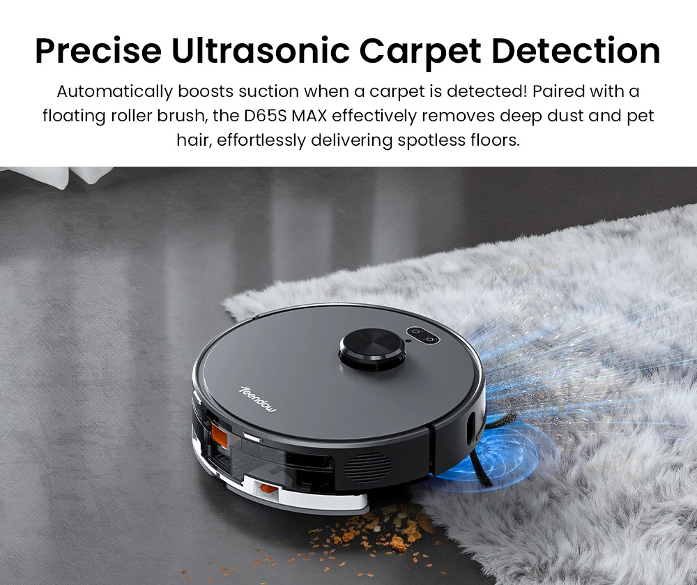 Robot aspirapolvere Teendow D65S MAX, svuotamento automatico dopo 70 giorni, aspirazione 6000 Pa, stazione di polvere 17 kPa, autonomia 220 minuti, passaggio ostacoli 20 mm, controllo della potenza a 4 livelli, contenitore polvere da 250 ml e serbatoio acqua da 350 ml