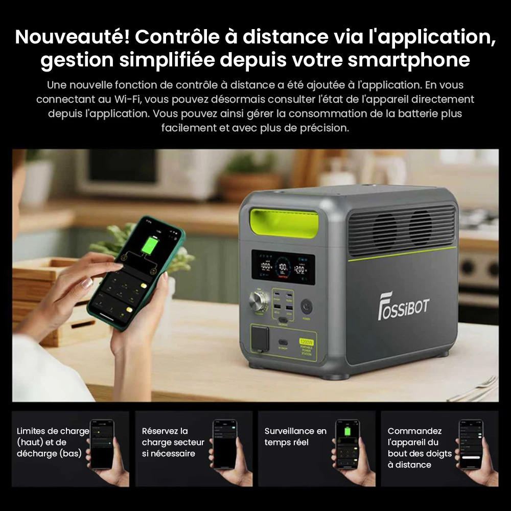 FOSSiBOT F1200 Centrale électrique portable, capacité de 1 024 Wh, puissance nominale de 1 200 W, 3 modes d'éclairage LED, 7 ports de sortie, protection BMS, commutation < 10 ms, régulateur d'entrée à 5 vitesses, batterie LiFePO4 de qualité EV, plus de 4 000 cycles