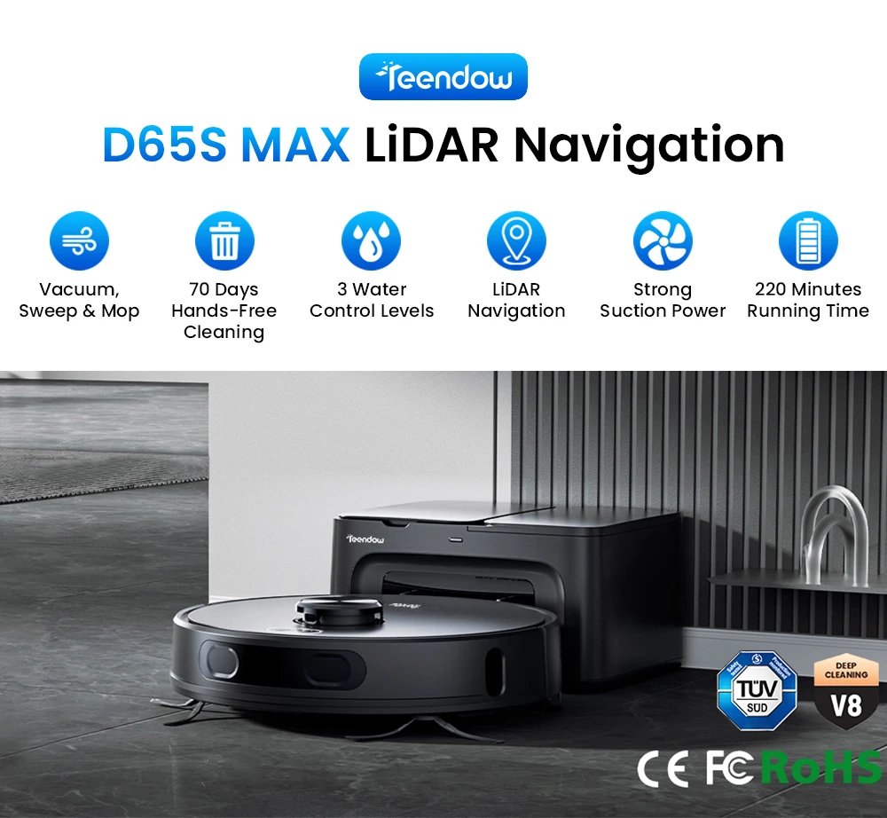 Teendow D65S MAX robotporszívó, 70 napos automatikus ürítés, 6000 Pa szívás, 17kPa porállomás, 220 perc üzemidő, 20mm akadályátlépés, 4 szintű teljesítményszabályozás, 250ml portartály és 350ml víztartály