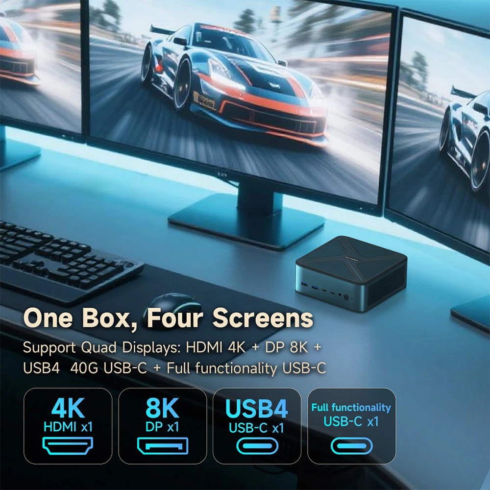 ALLIWAVA GH8 Gaming Mini PC, AMD Ryzen 9 8945HS 8 Cores Max 5.2GHz, 32GB RAM 1TB SSD, HDMI+DP+USB4+USB-C Quad Display, WiFi 6E Bluetooth 5.2, 2*USB3.0, 2*USB2.0, 2*2.5G RJ45, 1*Audio Jack