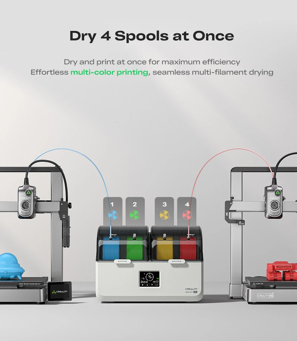 Séchoir à filaments Creality SpacePi X4L, 4 bobines, double chambre de chauffe, écran tactile LCD et joint étanche à l'humidité, pour filaments PLA, PETG et multi-matériaux