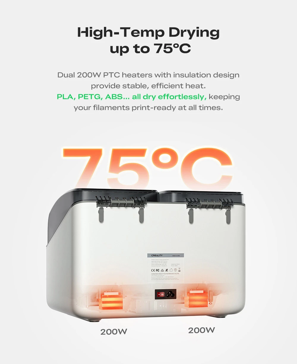 Séchoir à filaments Creality SpacePi X4L, 4 bobines, double chambre de chauffe, écran tactile LCD et joint étanche à l'humidité, pour filaments PLA, PETG et multi-matériaux