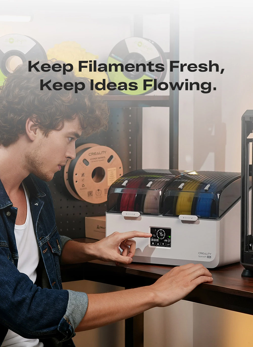 Séchoir à filaments Creality SpacePi X4L, 4 bobines, double chambre de chauffe, écran tactile LCD et joint étanche à l'humidité, pour filaments PLA, PETG et multi-matériaux