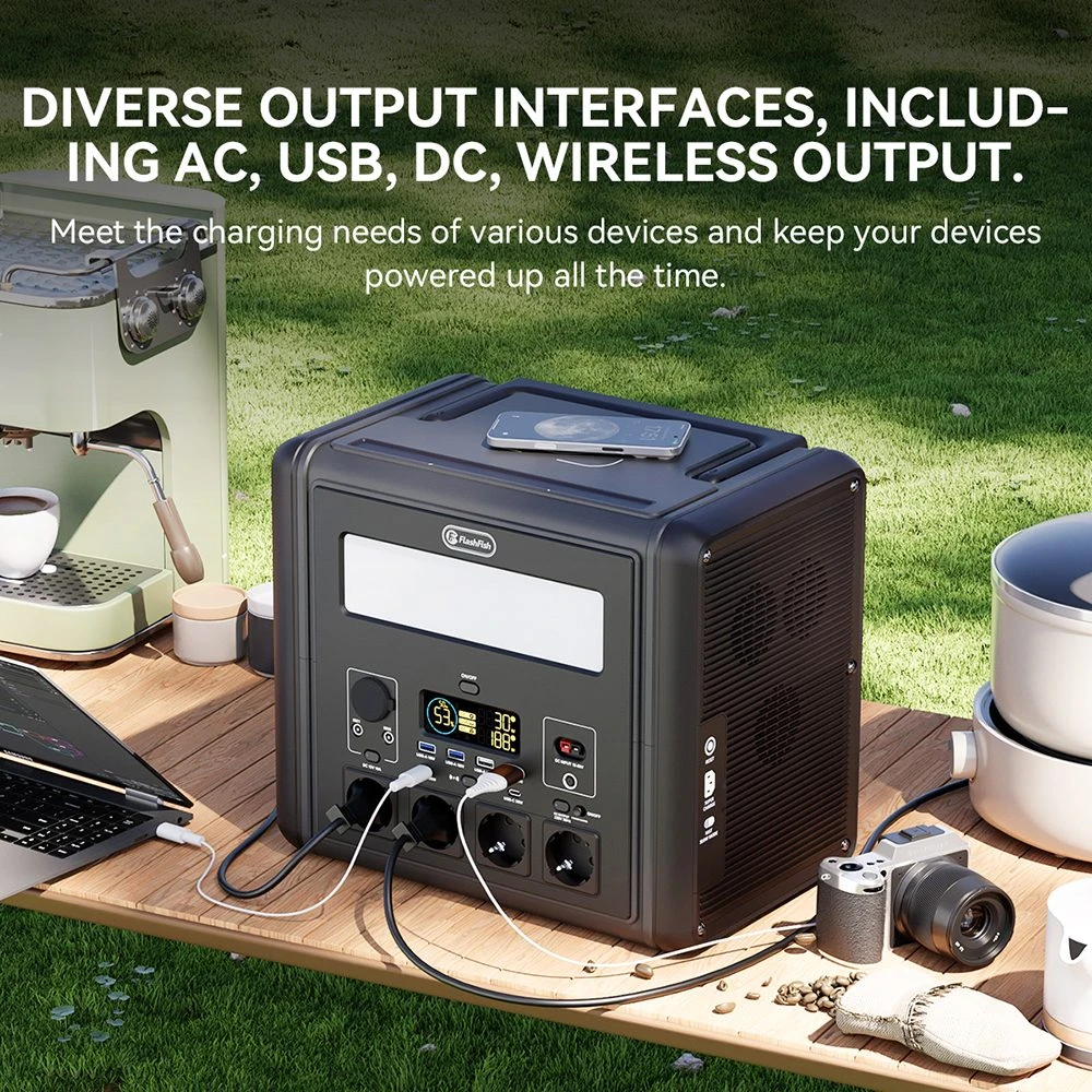 Station d'alimentation portable Flashfish T2000 2000 W, batterie LiFePO4 1536 Wh, puissance de crête 4000 W, recharge rapide sur secteur 1500 W, 14 sorties, pour une utilisation domestique et en extérieur.