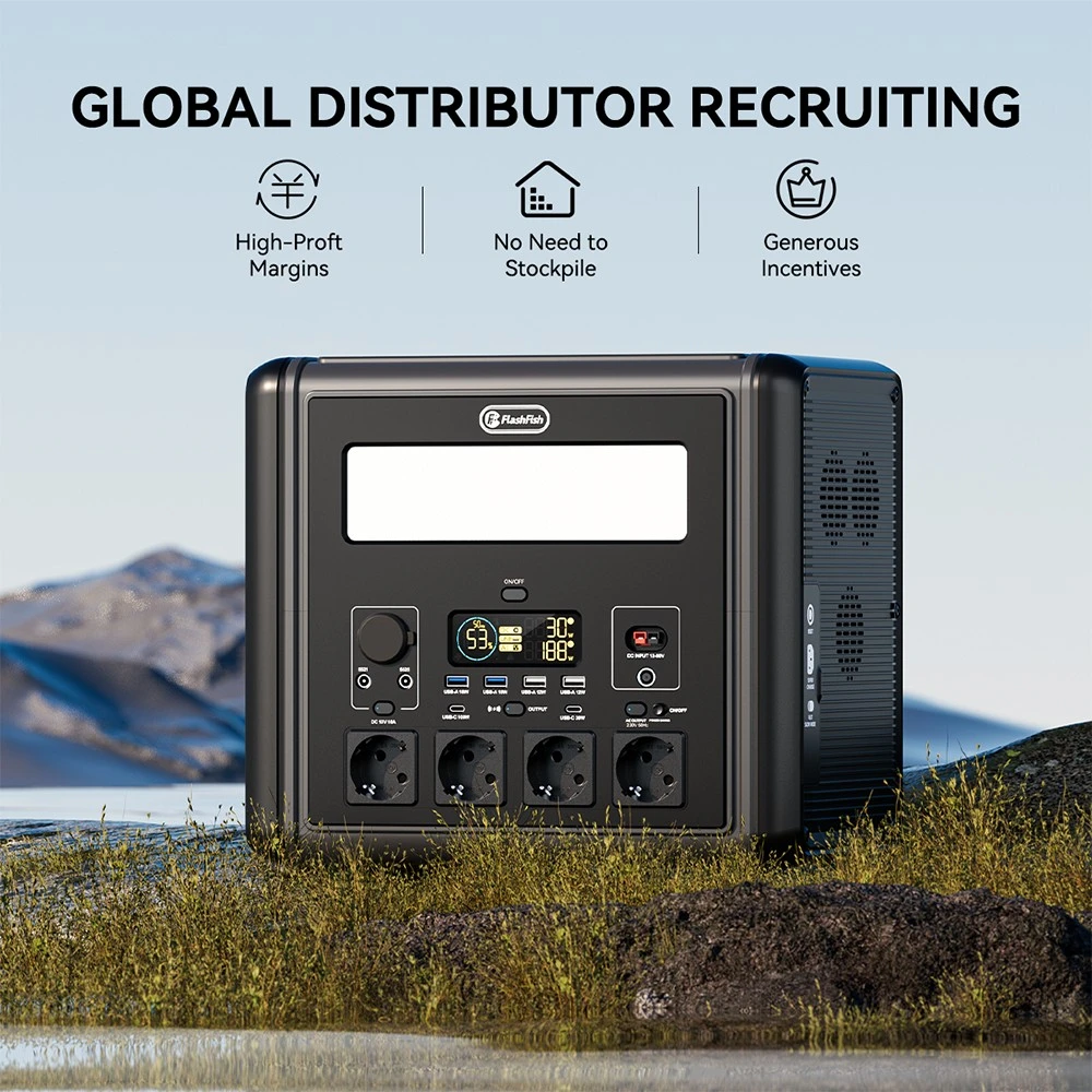 Station d'alimentation portable Flashfish T2000 2000 W, batterie LiFePO4 1536 Wh, puissance de crête 4000 W, recharge rapide sur secteur 1500 W, 14 sorties, pour une utilisation domestique et en extérieur.