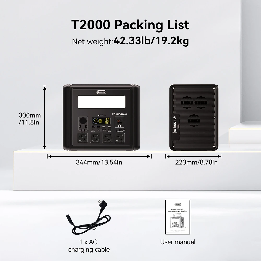 Station d'alimentation portable Flashfish T2000 2000 W, batterie LiFePO4 1536 Wh, puissance de crête 4000 W, recharge rapide sur secteur 1500 W, 14 sorties, pour une utilisation domestique et en extérieur.