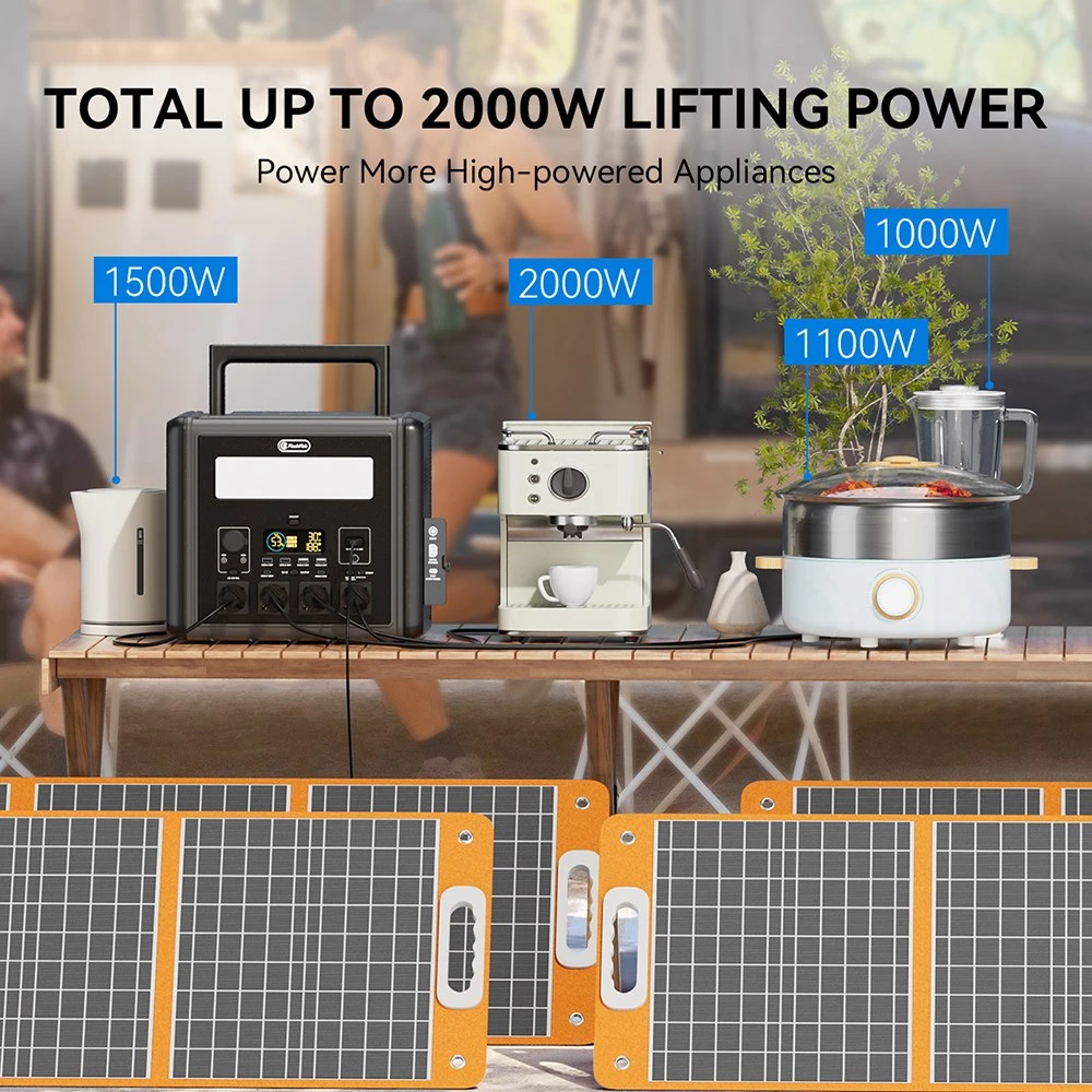 Station d'alimentation portable Flashfish T2000 2000 W, batterie LiFePO4 1536 Wh, puissance de crête 4000 W, recharge rapide sur secteur 1500 W, 14 sorties, pour une utilisation domestique et en extérieur.