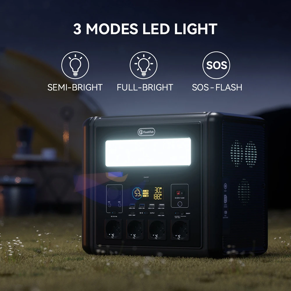 Station d'alimentation portable Flashfish T2000 2000 W, batterie LiFePO4 1536 Wh, puissance de crête 4000 W, recharge rapide sur secteur 1500 W, 14 sorties, pour une utilisation domestique et en extérieur.