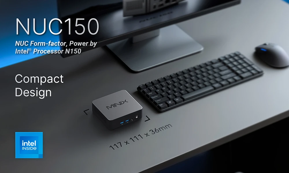 Mini PC MINIX NUC355, processeur Intel Core 3 N355 (8 cœurs, jusqu'à 3,9 GHz), 16 Go de RAM, SSD de 512 Go, Wi-Fi 6, Bluetooth 5.2, triple affichage (2 HDMI + 1 USB-C), 2 ports USB-A 3.2 Gen2, 1 port USB-C 3.2 Gen2, 1 port USB-A 3.2, 1 port USB-A 2.0, 1 port RJ45, 1 prise audio (prises EU/UK/US).