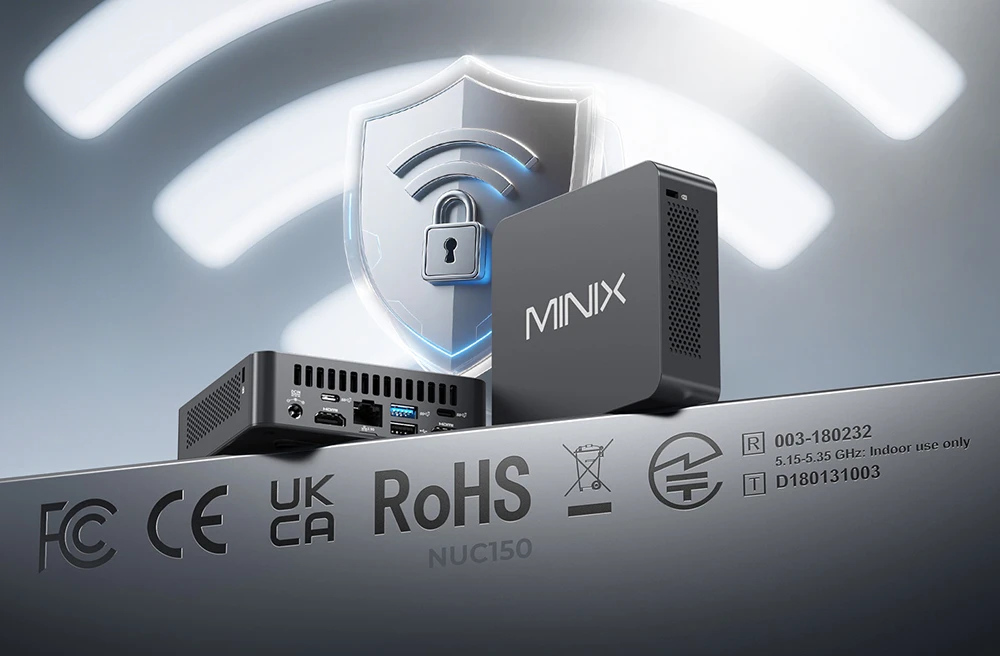 Mini PC MINIX NUC355, processeur Intel Core 3 N355 (8 cœurs, jusqu'à 3,9 GHz), 16 Go de RAM, SSD de 512 Go, Wi-Fi 6, Bluetooth 5.2, triple affichage (2 HDMI + 1 USB-C), 2 ports USB-A 3.2 Gen2, 1 port USB-C 3.2 Gen2, 1 port USB-A 3.2, 1 port USB-A 2.0, 1 port RJ45, 1 prise audio (prises EU/UK/US).