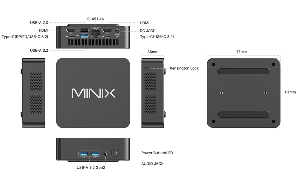 Mini PC MINIX NUC355, processeur Intel Core 3 N355 (8 cœurs, jusqu'à 3,9 GHz), 16 Go de RAM, SSD de 512 Go, Wi-Fi 6, Bluetooth 5.2, triple affichage (2 HDMI + 1 USB-C), 2 ports USB-A 3.2 Gen2, 1 port USB-C 3.2 Gen2, 1 port USB-A 3.2, 1 port USB-A 2.0, 1 port RJ45, 1 prise audio (prises EU/UK/US).