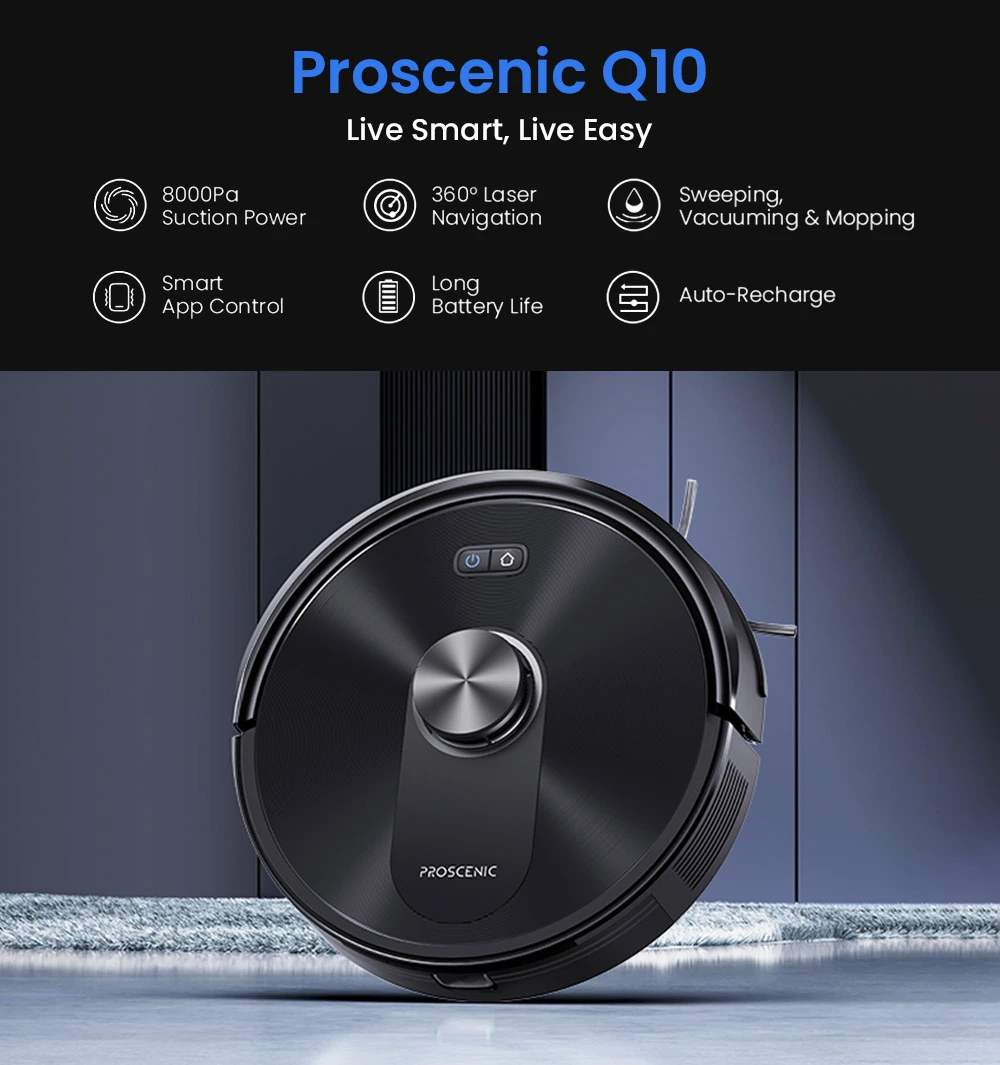 Proscenic Q10 Robot Vacuum Cleaner with Mop, 8000Pa Strong Suction, 360° LIDAR Navigation, 200-Min Runtime, Auto-Recharge & Resume, APP/Remote/Voice Control for Pet Hair & Large Homes