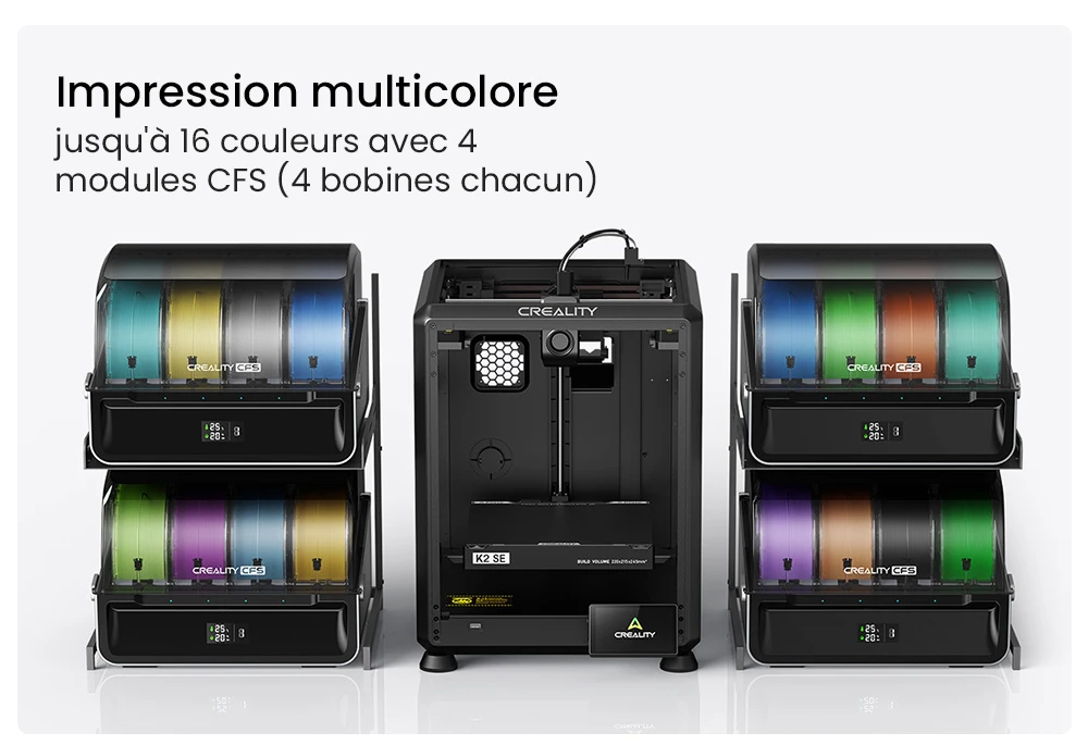 Creality K2 SE Combo Imprimante 3D avec Enceinte, Vitesse 500 mm/s, Précision 0,1 mm, Volume de construction 220×215×245 mm, Nivellement automatique, Buse 300 °C pour impression multi-matériaux