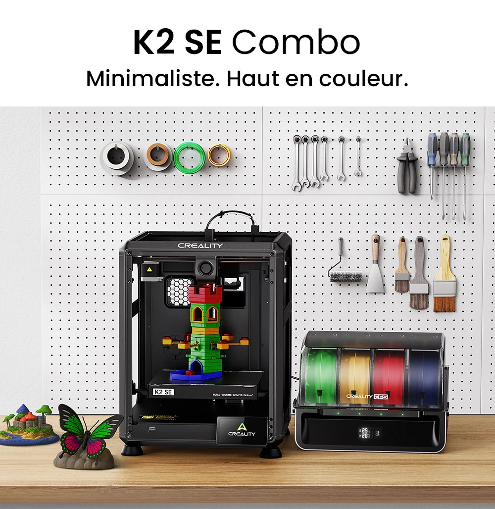Creality K2 SE Combo Imprimante 3D avec Enceinte, Vitesse 500 mm/s, Précision 0,1 mm, Volume de construction 220×215×245 mm, Nivellement automatique, Buse 300 °C pour impression multi-matériaux