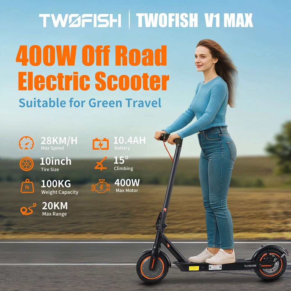 TWOFISH V1 MAX Trottinette électrique, moteur 400 W, batterie 36 V 10,4 Ah, pneus 10 pouces, vitesse maximale 28 km/h, autonomie 20 km, frein à disque arrière, écran LCD
