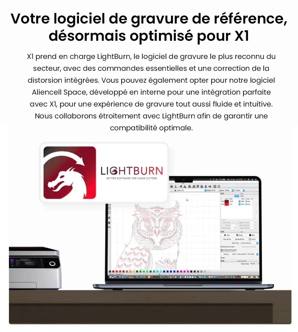 Aliencell X1 40W Graveur laser à diode de bureau + Air Assist Pro, Vitesse 600 mm/s, Spot 0,08×0,1 mm, Zone de travail 610×477 mm, Caméra autofocus double 8MP, Écran tactile autonome, Prise en charge de 300+ matériaux et formats de fichiers