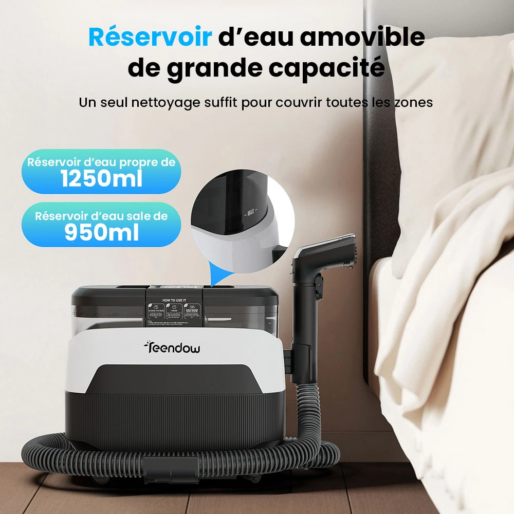 Nettoyeur de tapis et tissus d'ameublement 3 en 1 Teendow C6 MAX, vapeur 1650 W, aspiration 12 000 Pa, deux réservoirs, adapté aux animaux