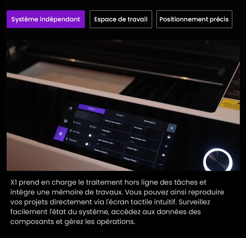 Aliencell X1 40W Graveur laser à diode de bureau + Air Assist Pro, Vitesse 600 mm/s, Spot 0,08×0,1 mm, Zone de travail 610×477 mm, Caméra autofocus double 8MP, Écran tactile autonome, Prise en charge de 300+ matériaux et formats de fichiers