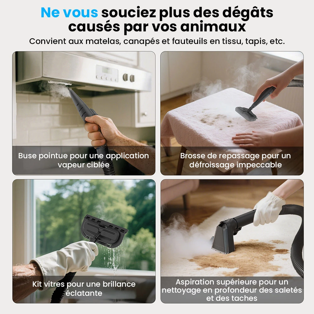 Nettoyeur de tapis et tissus d'ameublement 3 en 1 Teendow C6 MAX, vapeur 1650 W, aspiration 12 000 Pa, deux réservoirs, adapté aux animaux