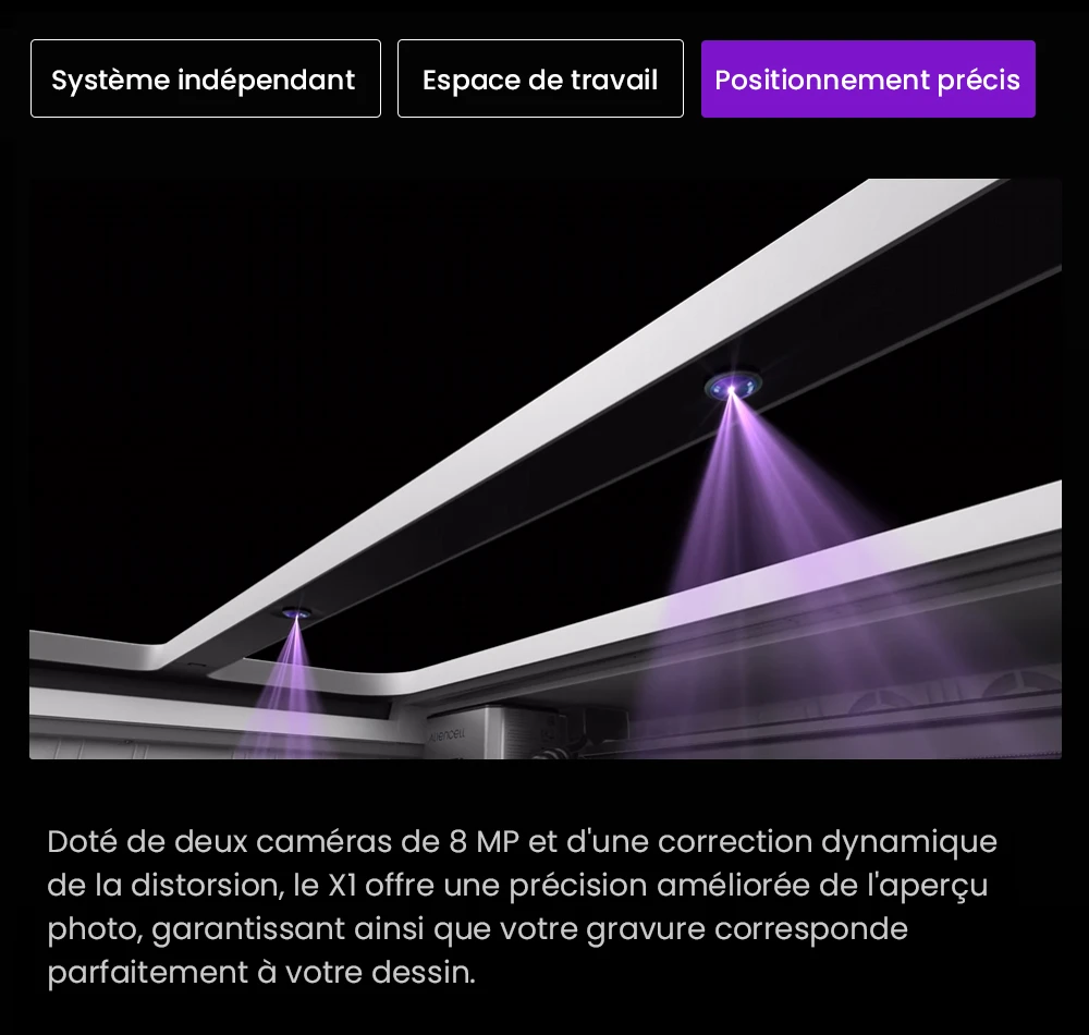 Aliencell X1 40W Graveur laser à diode de bureau + Air Assist Pro, Vitesse 600 mm/s, Spot 0,08×0,1 mm, Zone de travail 610×477 mm, Caméra autofocus double 8MP, Écran tactile autonome, Prise en charge de 300+ matériaux et formats de fichiers