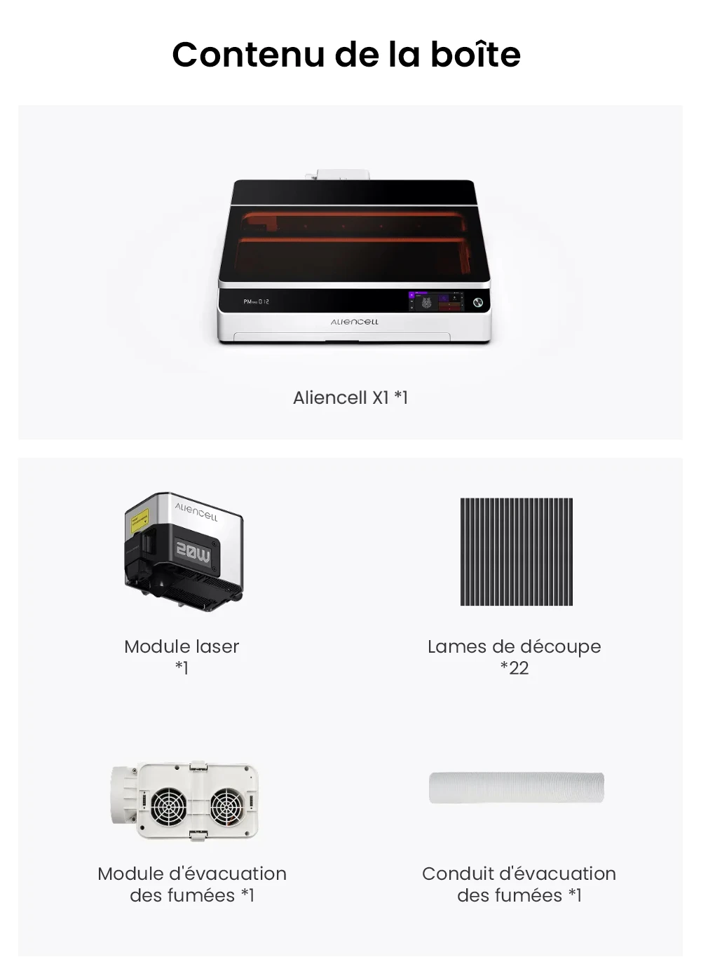 Aliencell X1 40W Graveur laser à diode de bureau + Air Assist Pro, Vitesse 600 mm/s, Spot 0,08×0,1 mm, Zone de travail 610×477 mm, Caméra autofocus double 8MP, Écran tactile autonome, Prise en charge de 300+ matériaux et formats de fichiers