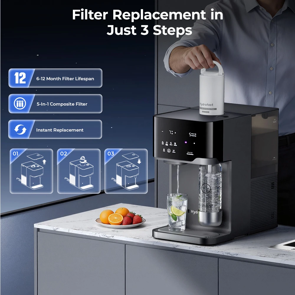 Hydrofast C300 RO Countertop Water Purifier, Iced & Sparkling Water Dispenser, 6-Stage Filtration with UV Sterilization, 5L Raw Tank & 1.5L Pure Tank, Adjustable Temperature & Volume, Smart TDS Display