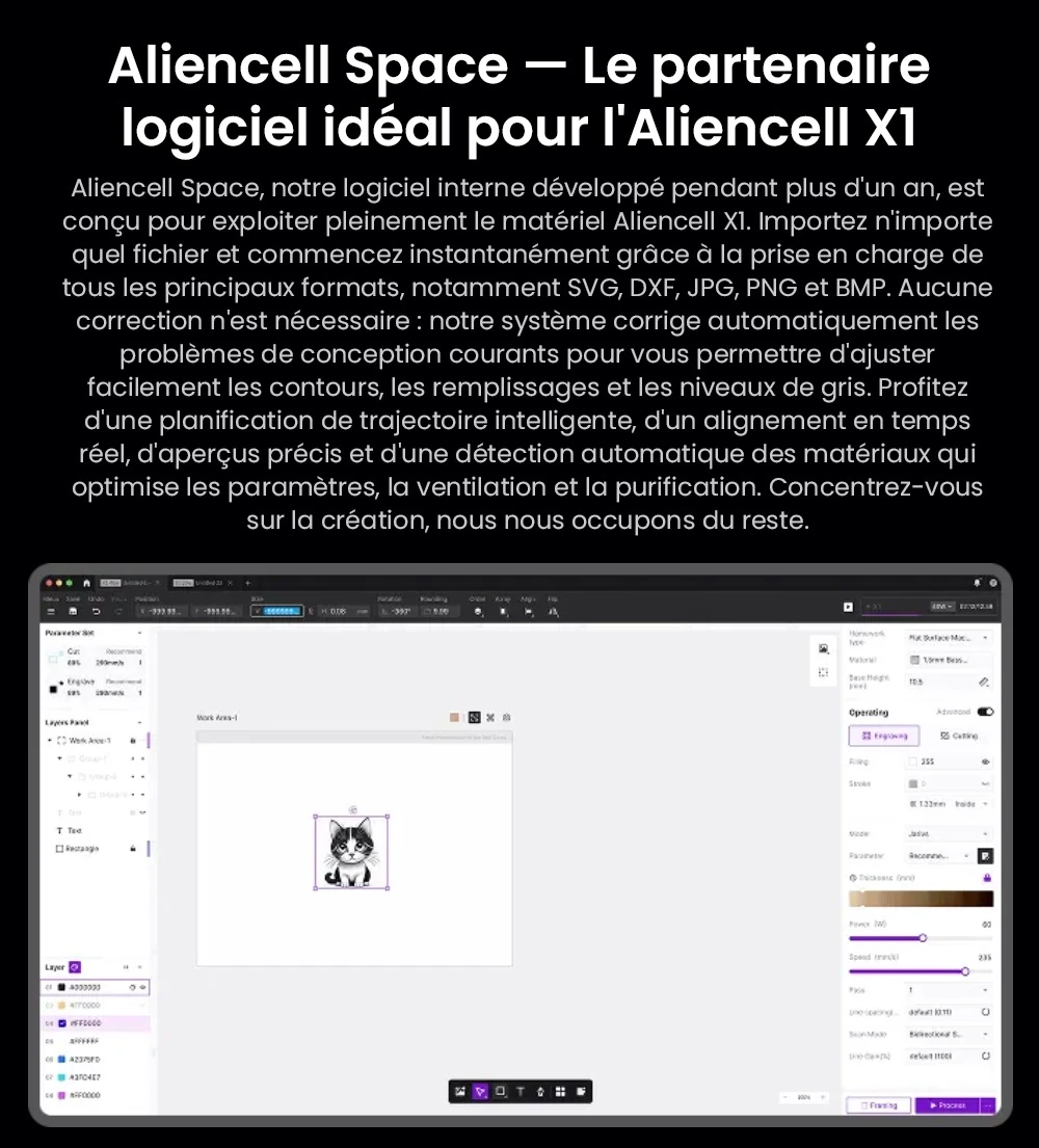 Aliencell X1 40W Graveur laser à diode de bureau + Air Assist Pro, Vitesse 600 mm/s, Spot 0,08×0,1 mm, Zone de travail 610×477 mm, Caméra autofocus double 8MP, Écran tactile autonome, Prise en charge de 300+ matériaux et formats de fichiers