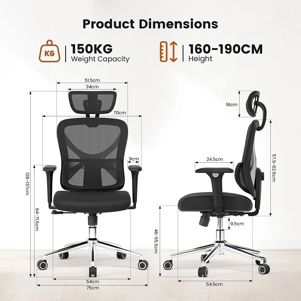 Chaise ergonomique ACGAM CG-5345M, dossier inclinable de 90 à 130°, accoudoirs 3D, appui-tête 2D, soutien lombaire, tissu mesh respirant, assise en mousse à mémoire de forme, capacité de charge de 150 kg