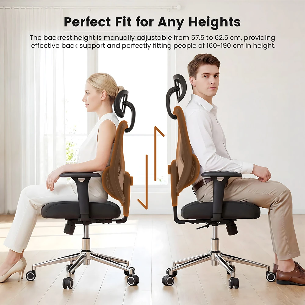 Chaise ergonomique ACGAM CG-5345M, dossier inclinable de 90 à 130°, accoudoirs 3D, appui-tête 2D, soutien lombaire, tissu mesh respirant, assise en mousse à mémoire de forme, capacité de charge de 150 kg