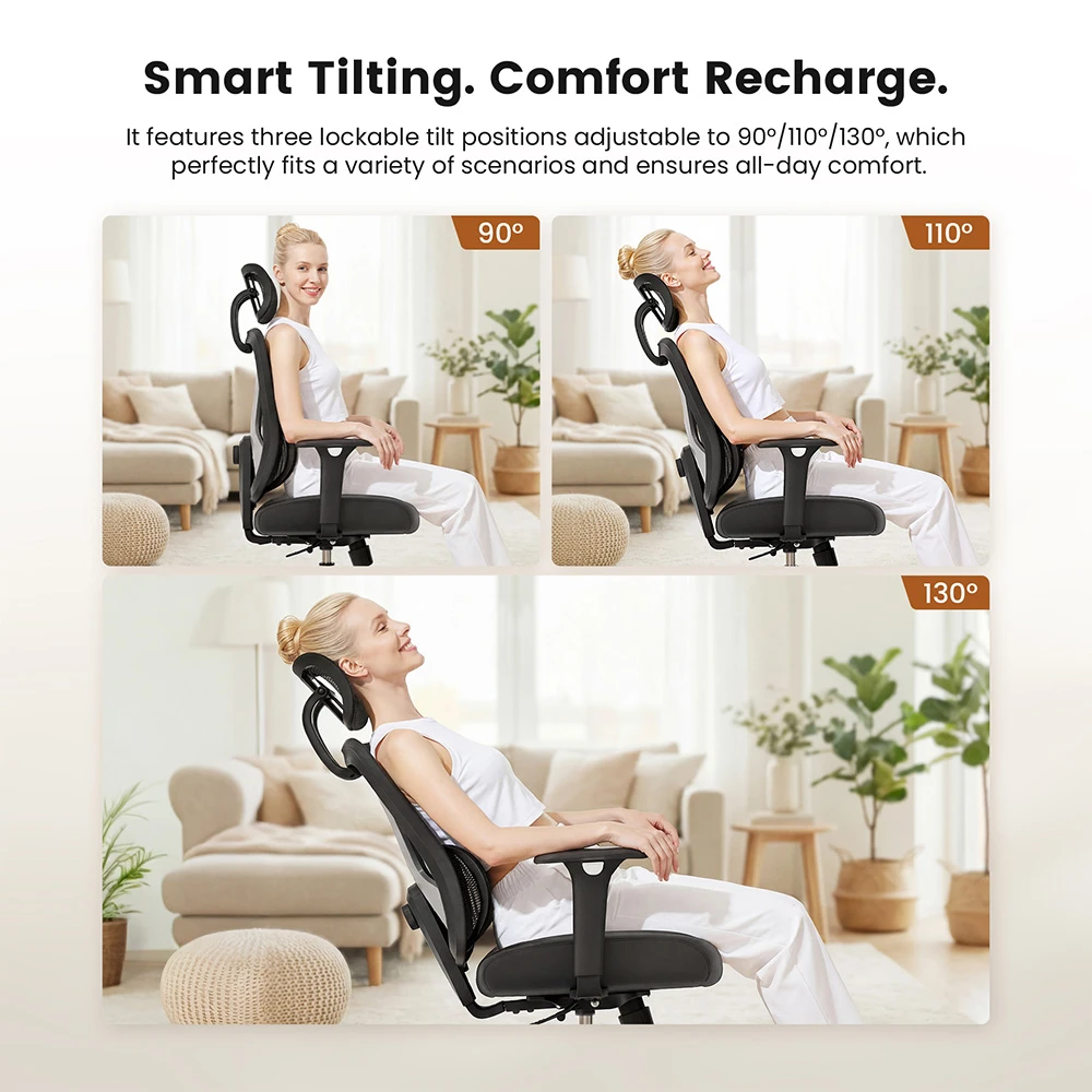 Chaise ergonomique ACGAM CG-5345M, dossier inclinable de 90 à 130°, accoudoirs 3D, appui-tête 2D, soutien lombaire, tissu mesh respirant, assise en mousse à mémoire de forme, capacité de charge de 150 kg