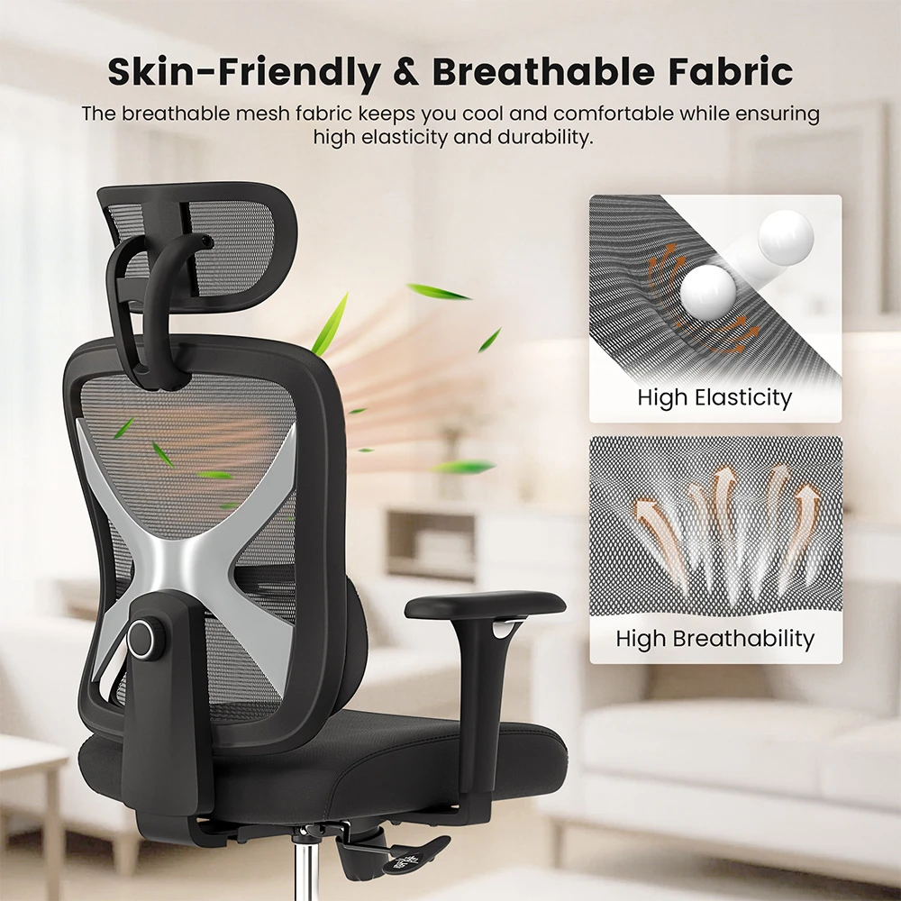 Chaise ergonomique ACGAM CG-5345M, dossier inclinable de 90 à 130°, accoudoirs 3D, appui-tête 2D, soutien lombaire, tissu mesh respirant, assise en mousse à mémoire de forme, capacité de charge de 150 kg