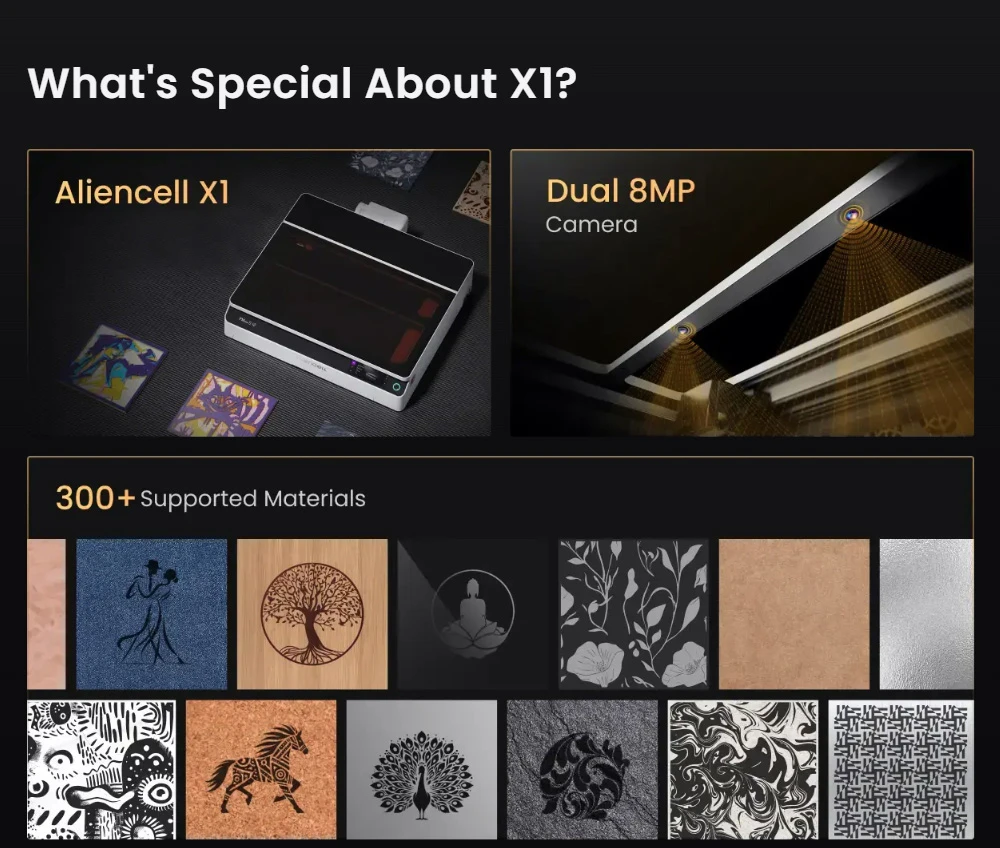 Graveur laser diode de bureau Aliencell X1 40 W + pompe à air, vitesse de 600 mm/s, point de 0,08 × 0,1 mm, zone de travail de 610 × 477 mm, double caméra 8 MP avec autofocus, écran tactile indépendant, compatible avec plus de 300 matériaux et formats de fichiers.