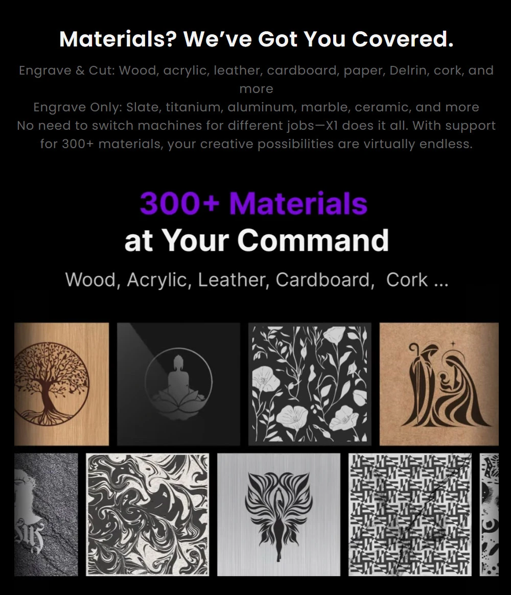 Graveur laser diode de bureau Aliencell X1 40 W + pompe à air, vitesse de 600 mm/s, point de 0,08 × 0,1 mm, zone de travail de 610 × 477 mm, double caméra 8 MP avec autofocus, écran tactile indépendant, compatible avec plus de 300 matériaux et formats de fichiers.