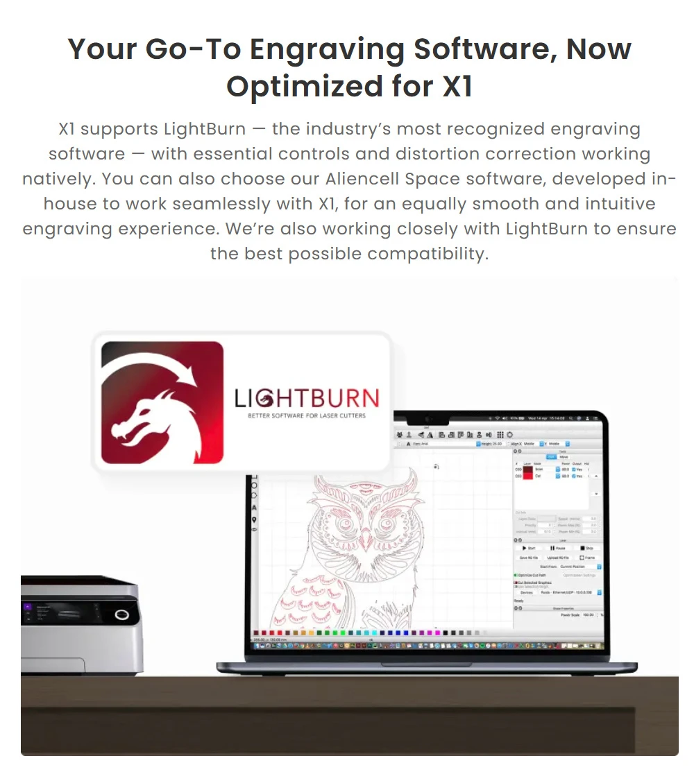 Graveur laser diode de bureau Aliencell X1 40 W + pompe à air, vitesse de 600 mm/s, point de 0,08 × 0,1 mm, zone de travail de 610 × 477 mm, double caméra 8 MP avec autofocus, écran tactile indépendant, compatible avec plus de 300 matériaux et formats de fichiers.