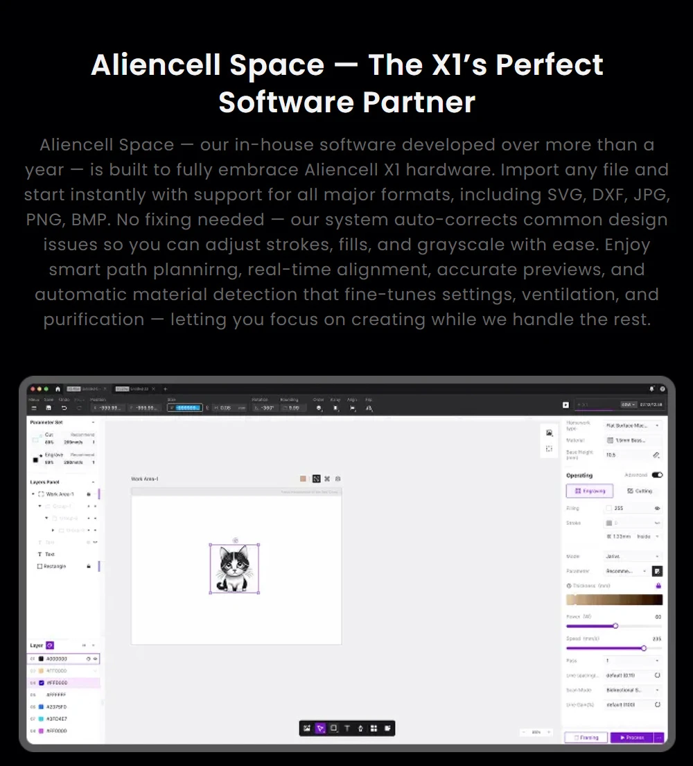 Graveur laser diode de bureau Aliencell X1 40 W + pompe à air, vitesse de 600 mm/s, point de 0,08 × 0,1 mm, zone de travail de 610 × 477 mm, double caméra 8 MP avec autofocus, écran tactile indépendant, compatible avec plus de 300 matériaux et formats de fichiers.