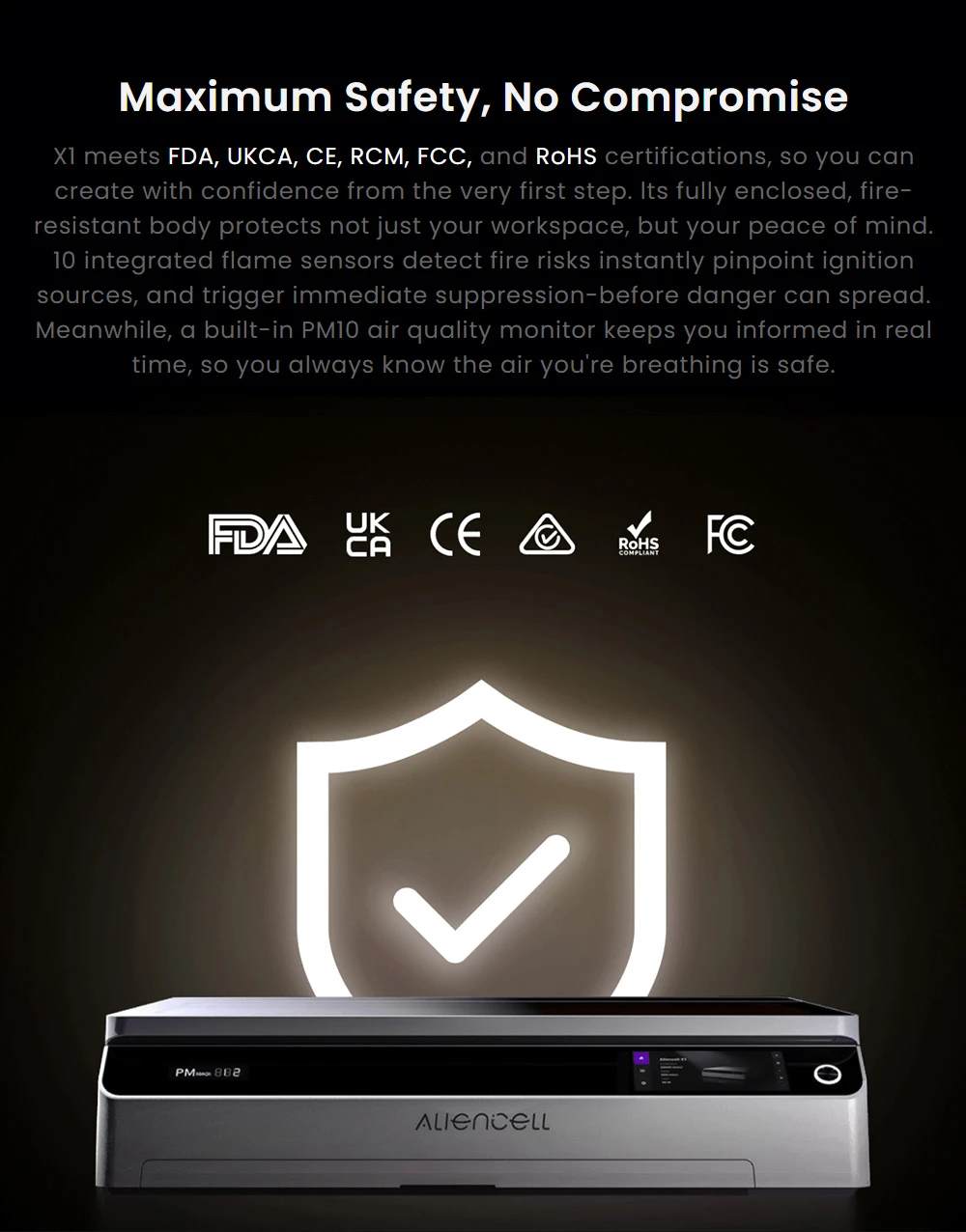 Graveur laser diode de bureau Aliencell X1 40 W + pompe à air, vitesse de 600 mm/s, point de 0,08 × 0,1 mm, zone de travail de 610 × 477 mm, double caméra 8 MP avec autofocus, écran tactile indépendant, compatible avec plus de 300 matériaux et formats de fichiers.