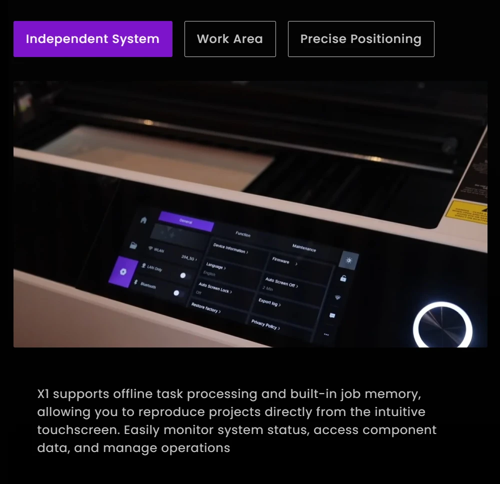 Graveur laser diode de bureau Aliencell X1 40 W + pompe à air, vitesse de 600 mm/s, point de 0,08 × 0,1 mm, zone de travail de 610 × 477 mm, double caméra 8 MP avec autofocus, écran tactile indépendant, compatible avec plus de 300 matériaux et formats de fichiers.