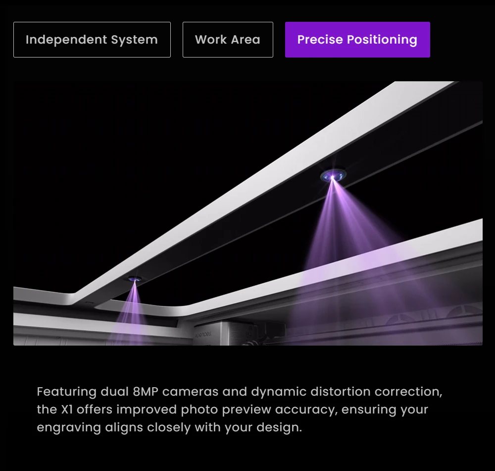 Graveur laser diode de bureau Aliencell X1 40 W + pompe à air, vitesse de 600 mm/s, point de 0,08 × 0,1 mm, zone de travail de 610 × 477 mm, double caméra 8 MP avec autofocus, écran tactile indépendant, compatible avec plus de 300 matériaux et formats de fichiers.