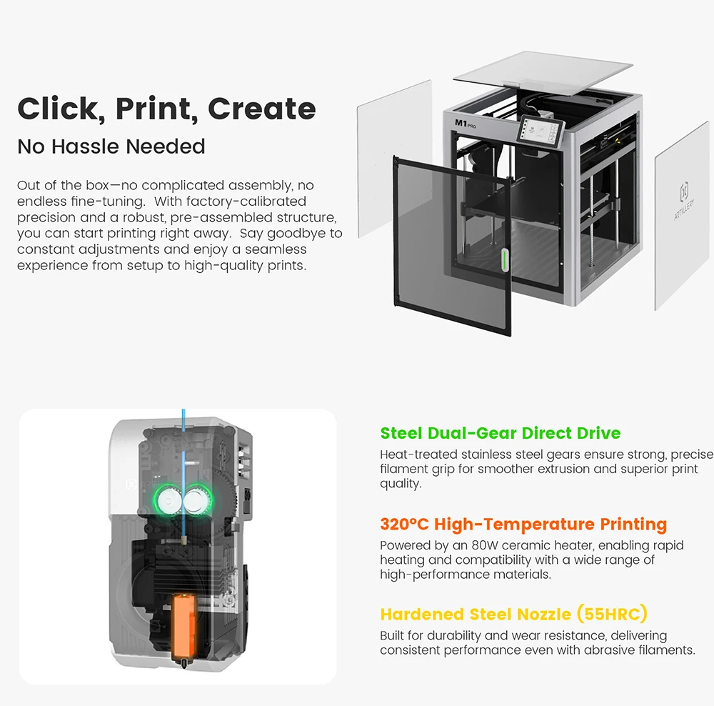 Imprimante 3D Artillery M1 Pro S1, châssis CoreXY entièrement fermé, volume d'impression de 260 × 260 × 260 mm, vitesse d'impression jusqu'à 600 mm/s, buse à 320 °C, refroidissement en circuit fermé, précision de 0,01 mm, nivellement automatique et surveillance par IA
