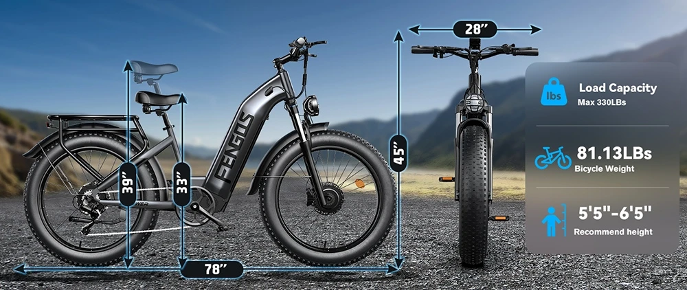 Vélo électrique FENGQS H2, moteur 2 x 1000 W, batterie 52 V 20 Ah, pneus 26 x 4 pouces, vitesse maximale 50 km/h, autonomie maximale 145 km, freins à disque hydrauliques, suspension avant, transmission Shimano 7 vitesses - Gris