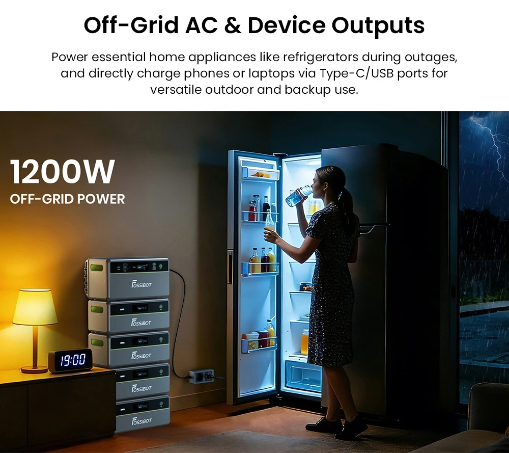 Station d'alimentation portable FOSSiBOT FBP1200, batterie LiFePO4 de 1958 Wh (extensible à 9790 Wh), puissance de sortie hors réseau de 1200 W, système de gestion de l'énergie domestique (HEMS) avec intelligence artificielle, planification intelligente et écrêtement des pointes de consommation, refroidissement silencieux sans ventilateur, indice de protection IP65.