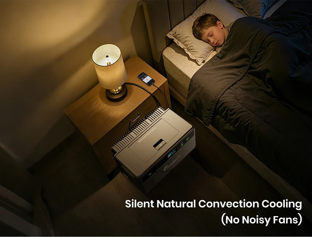 Station d'alimentation portable FOSSiBOT FBP1200, batterie LiFePO4 de 1958 Wh (extensible à 9790 Wh), puissance de sortie hors réseau de 1200 W, système de gestion de l'énergie domestique (HEMS) avec intelligence artificielle, planification intelligente et écrêtement des pointes de consommation, refroidissement silencieux sans ventilateur, indice de protection IP65.