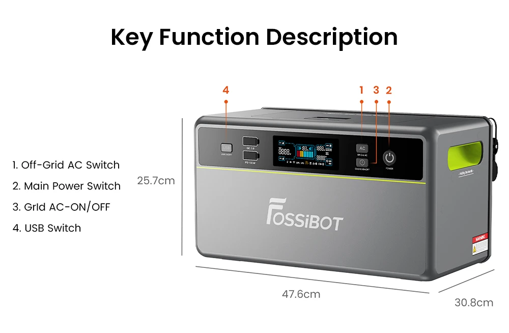 Station d'alimentation portable FOSSiBOT FBP1200, batterie LiFePO4 de 1958 Wh (extensible à 9790 Wh), puissance de sortie hors réseau de 1200 W, système de gestion de l'énergie domestique (HEMS) avec intelligence artificielle, planification intelligente et écrêtement des pointes de consommation, refroidissement silencieux sans ventilateur, indice de protection IP65.