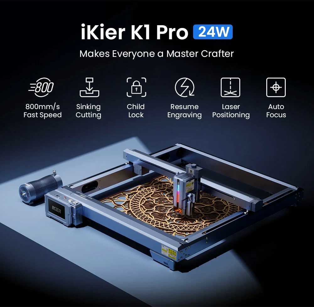 Graveur laser IKIER K1 Pro 24 W, zone de travail 410 mm × 410 mm, vitesse 800 mm/s, point laser 0,08 mm × 0,1 mm, précision 0,01 mm, mise au point automatique, enfonçage automatique et découpe en une seule passe