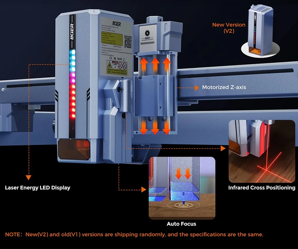 Graveur laser IKIER K1 Pro 24 W, zone de travail 410 mm × 410 mm, vitesse 800 mm/s, point laser 0,08 mm × 0,1 mm, précision 0,01 mm, mise au point automatique, enfonçage automatique et découpe en une seule passe