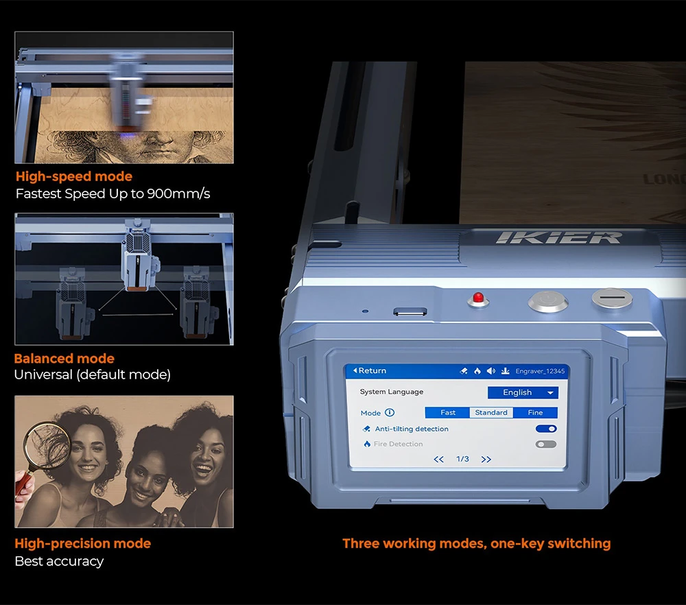 Graveur laser IKIER K1 Pro Max 48 W, zone de travail 410 mm × 410 mm, précision 0,01 mm, vitesse de 900 mm/s, laser à double engrenage, mise au point automatique intelligente et découpe par enfonçage automatique