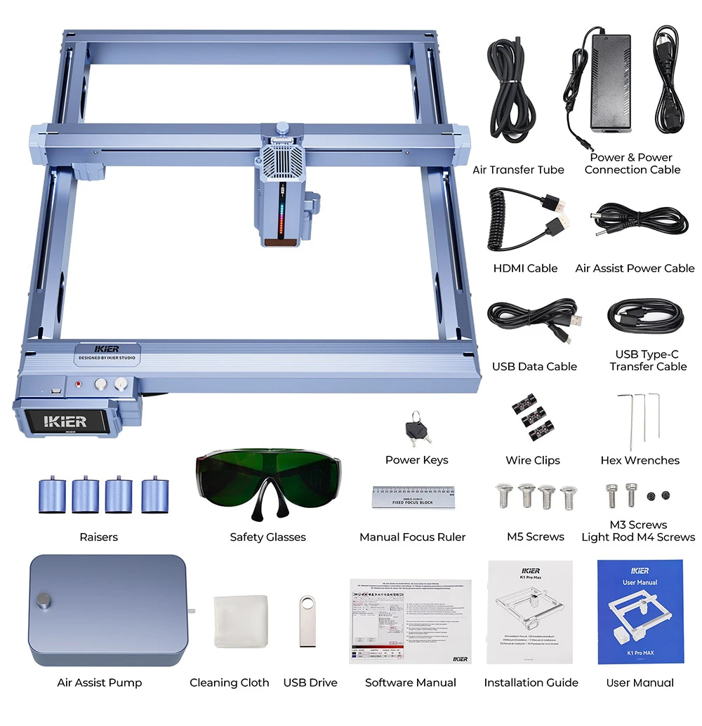 Graveur laser IKIER K1 Pro Max 48 W, zone de travail 410 mm × 410 mm, précision 0,01 mm, vitesse de 900 mm/s, laser à double engrenage, mise au point automatique intelligente et découpe par enfonçage automatique