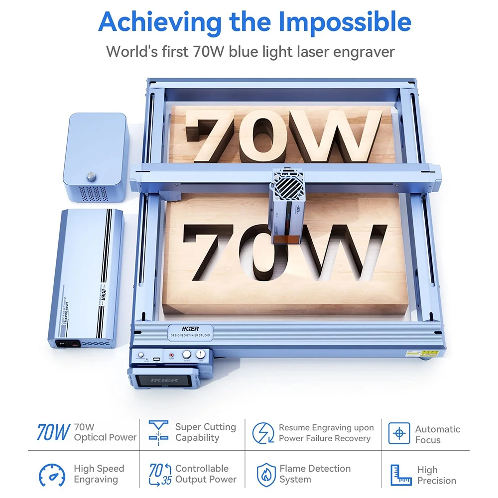 Graveur laser IKIER K1 Pro Max 70 W, zone de travail 410 × 410 mm, vitesse de 900 mm/s, précision de 0,01 mm, laser à double engrenage, mise au point automatique et découpe par enfonçage automatique