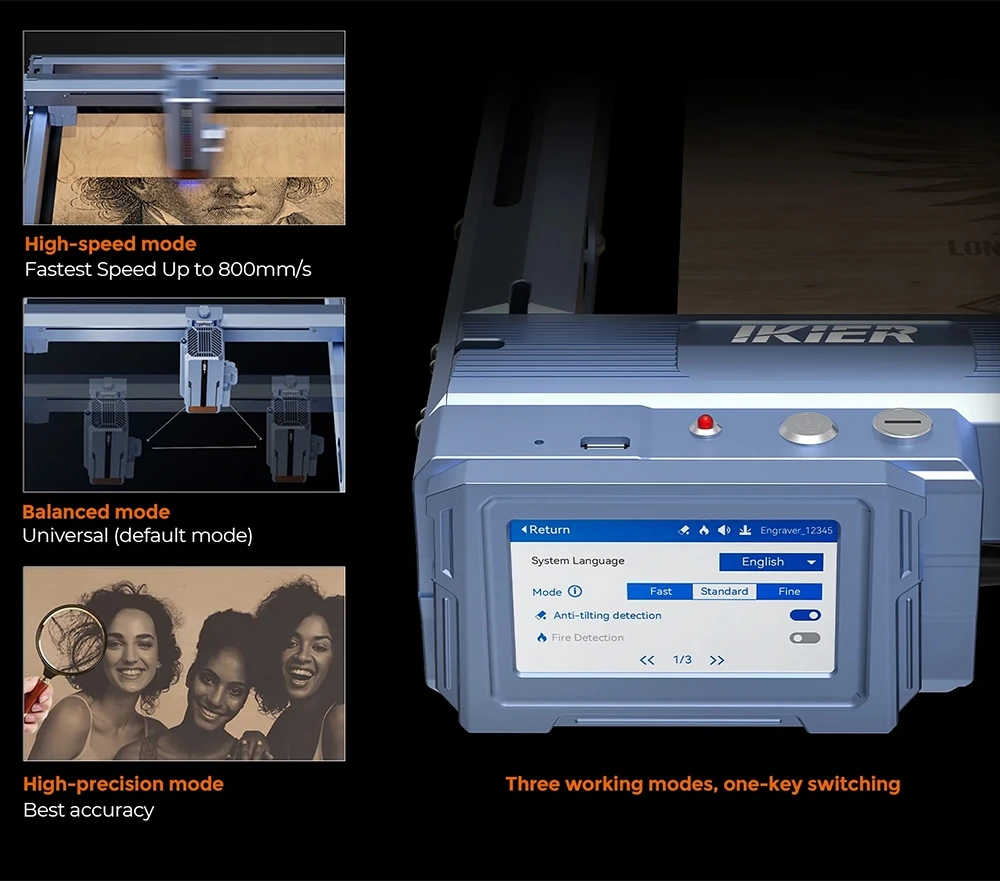 Graveur laser IKIER K1 Ultra 36 W, zone de travail 410 mm × 410 mm, vitesse 800 mm/s, point laser 0,08 mm × 0,1 mm, précision 0,01 mm, mise au point automatique, enfonçage automatique et découpe en une seule passe