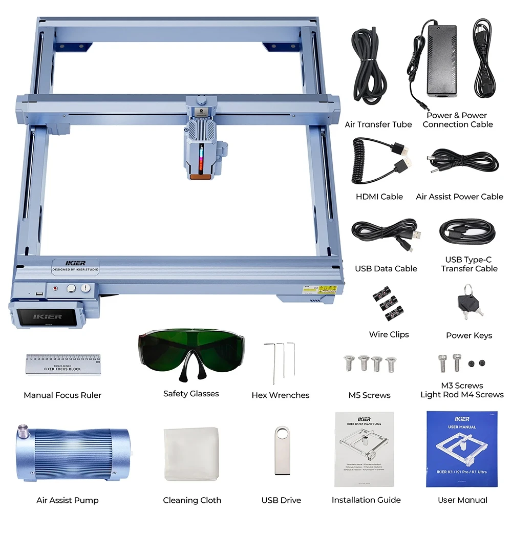 Graveur laser IKIER K1 Ultra 36 W, zone de travail 410 mm × 410 mm, vitesse 800 mm/s, point laser 0,08 mm × 0,1 mm, précision 0,01 mm, mise au point automatique, enfonçage automatique et découpe en une seule passe